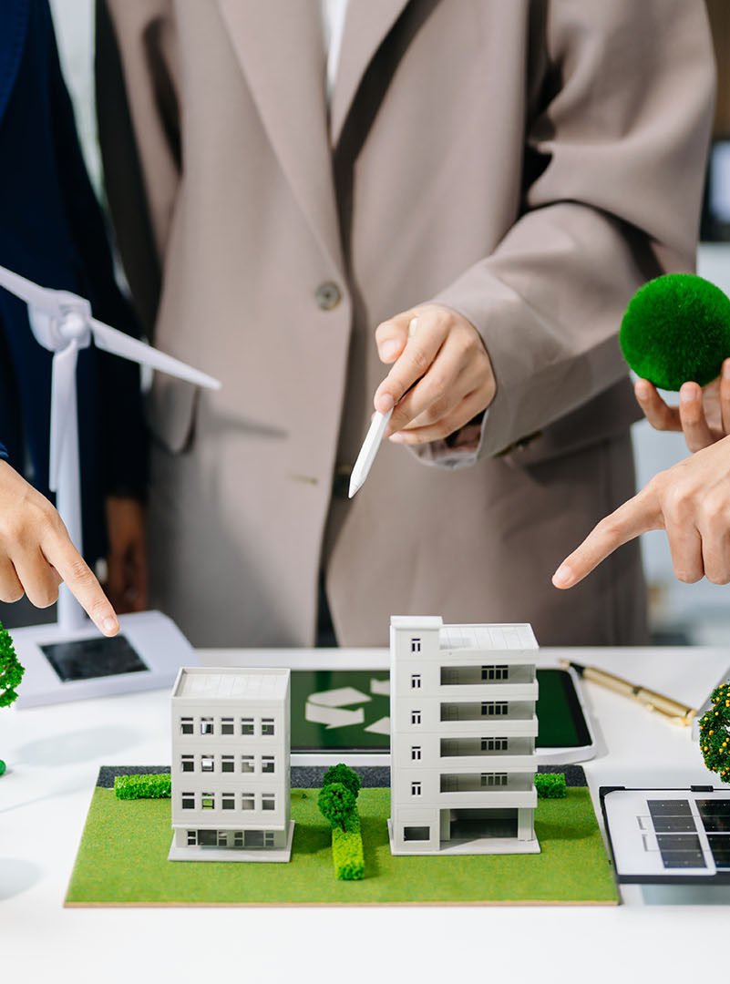 business team people planning and discussing on recycle reduce reuse policy symbol in office meeting room. Green business company and Solar Energy Environment city Concept.